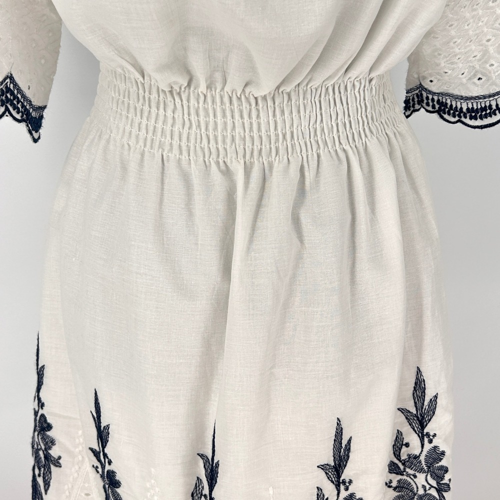 Kindred Embroidered Peasant Derby Dress White Blue Boho Cottage Smocked Medium - Picture 10 of 12